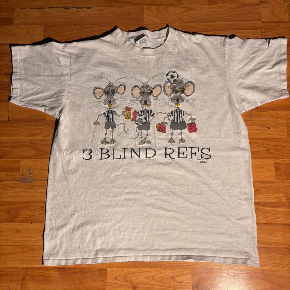 Vintage 90s 3 Blind Refs Single Stitch White Tee Size XL Funny Graphic